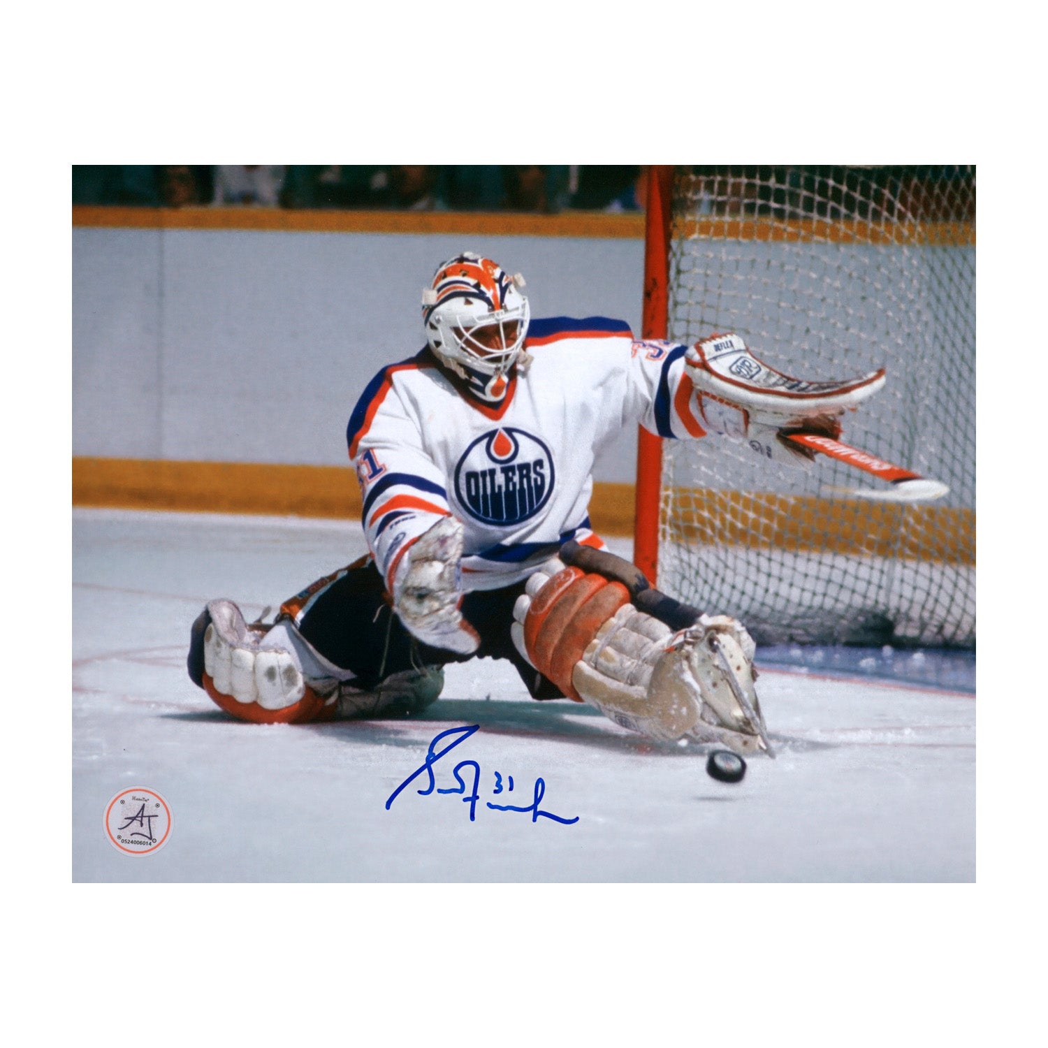 AJ Sports | Grant Fuhr Autographed Edmonton Oilers Kick Save 8x10