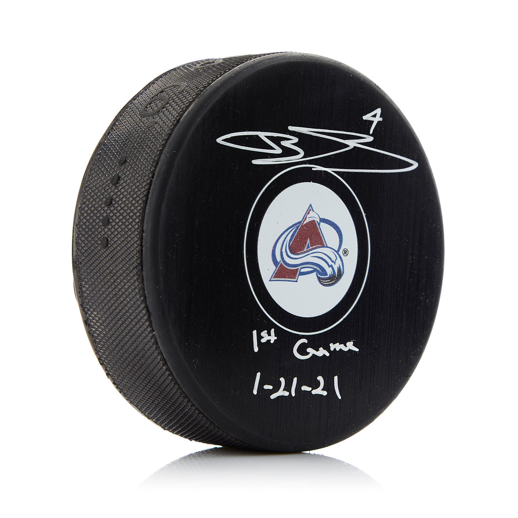 Bowen Byram Colorado Avalanche Autographed Hockey Puck with 1st Game Note | AJ Sports.