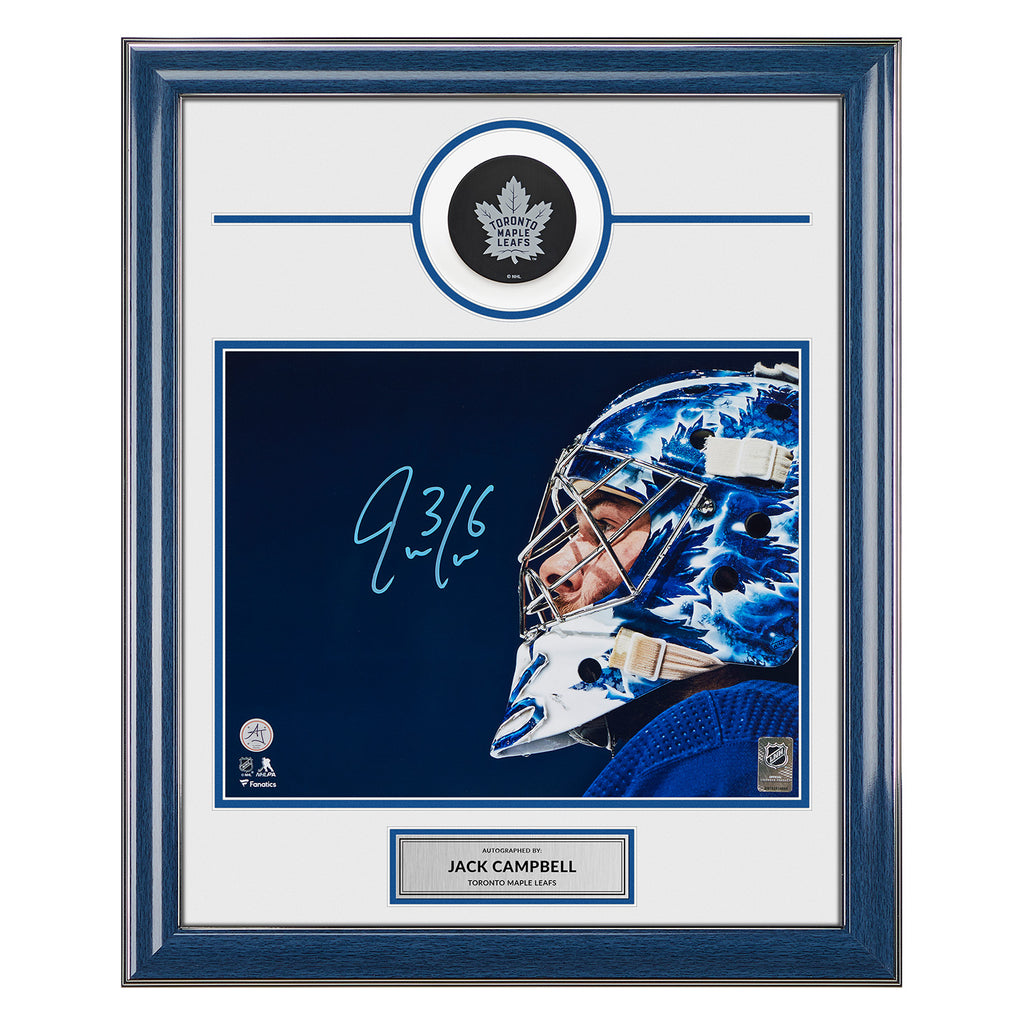 Jack Campbell Toronto Maple Leafs Signed Mask Closeup 20x24 Puck Frame | AJ Sports.