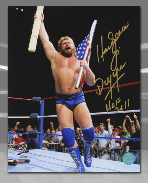 Hacksaw Jim Duggan WWE Autographed Wrestling Ring Flag Salute 8x10 Photo | AJ Sports.