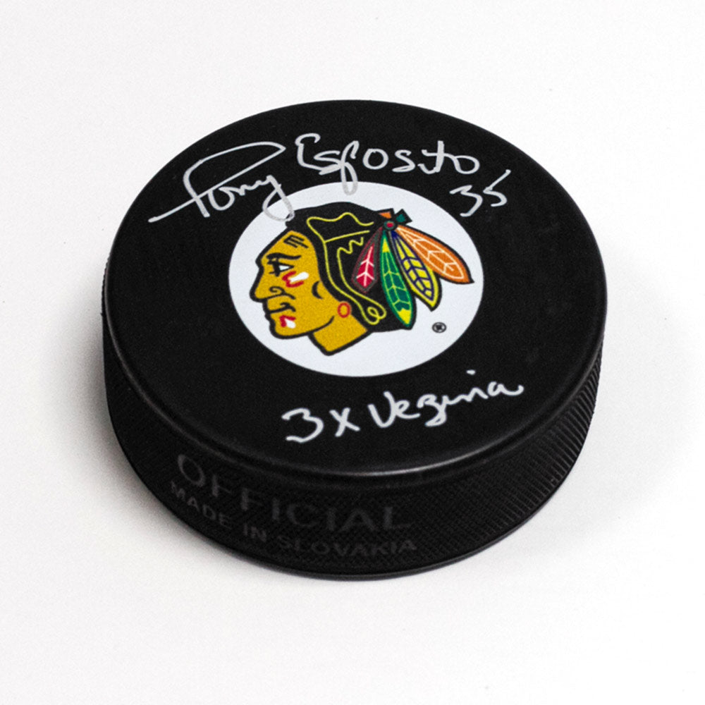 Tony Esposito Chicago Blackhawks Autographed Hockey Puck with 3 x Vezina Note | AJ Sports.