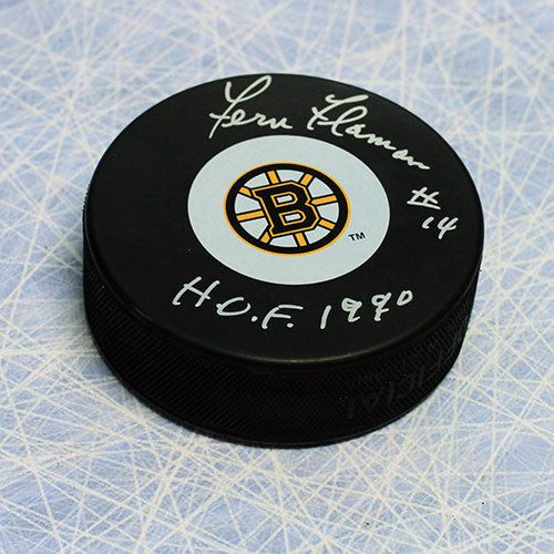Fern Flaman Boston Bruins Signed Hockey Puck with HOF Note | AJ Sports.