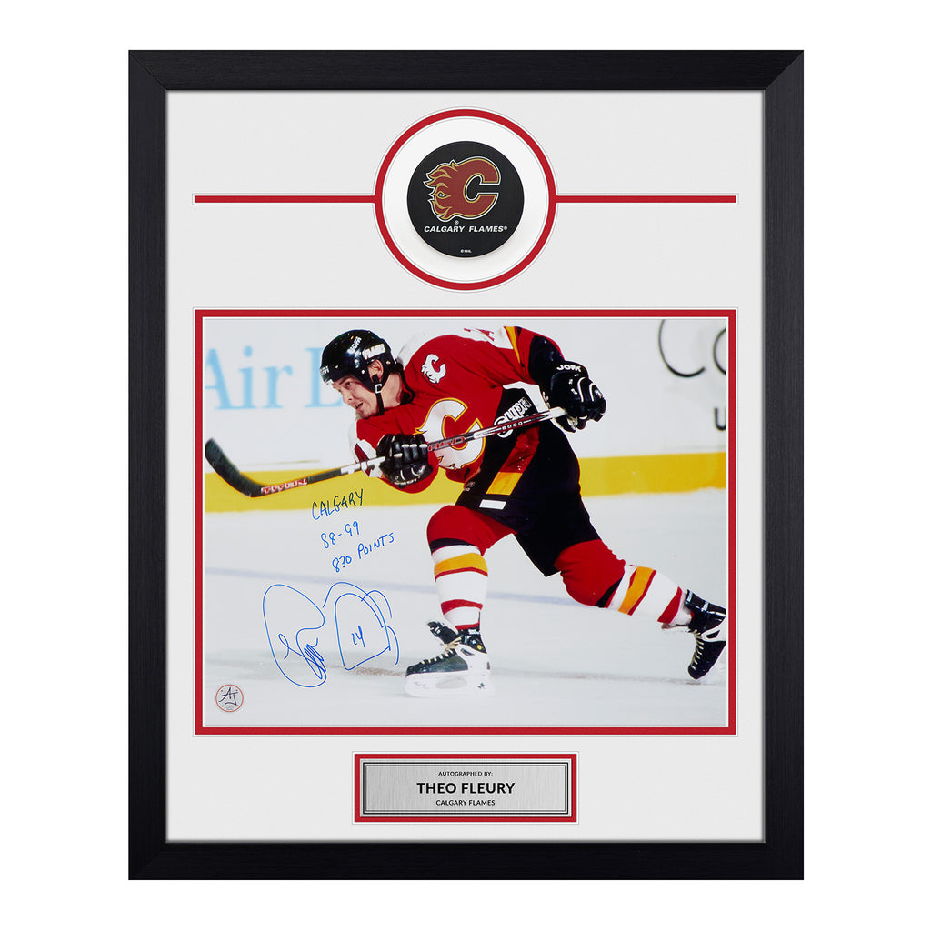 Theo Fleury Calgary Flames Signed & Inscribed Franchise Stats 20x24 Puck Frame | AJ Sports.