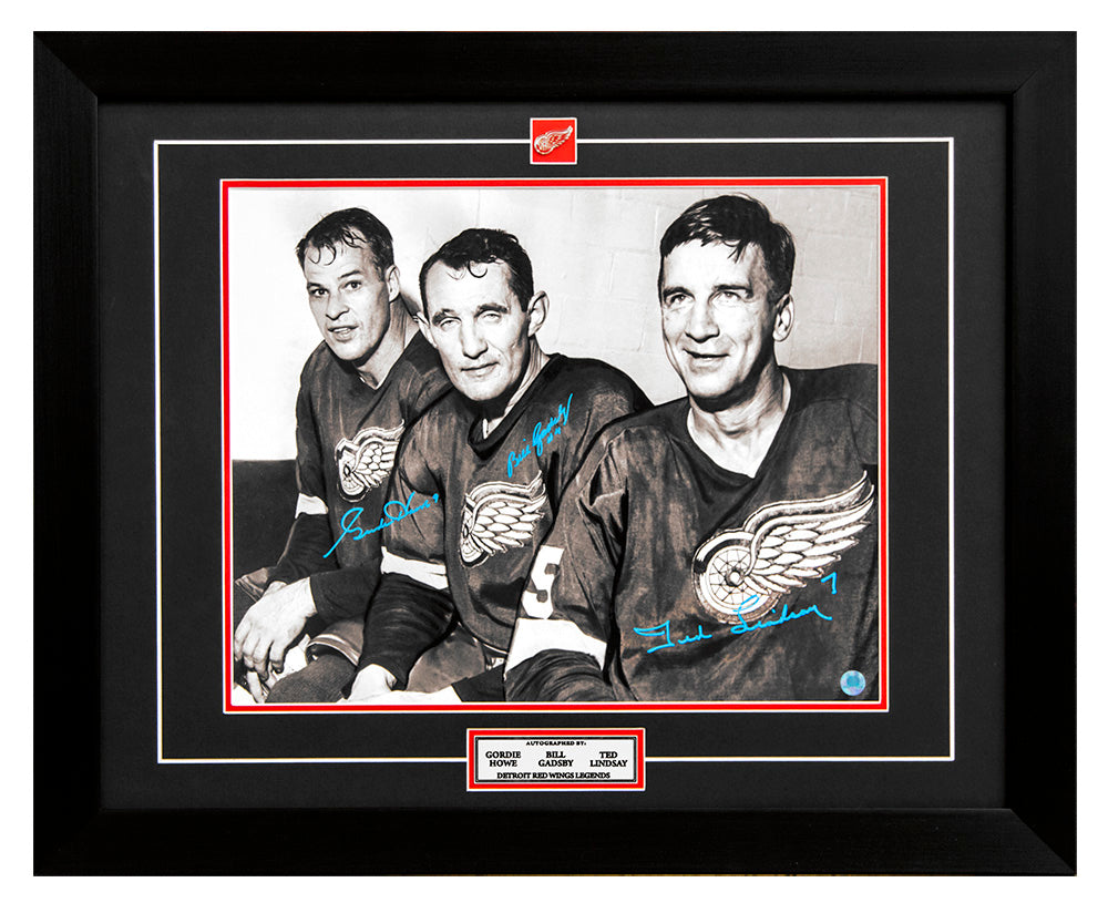 Gordie Howe, Bill Gadbsy & Ted Lindsay Signed Red Wings Legends 26x32 Frame | AJ Sports.