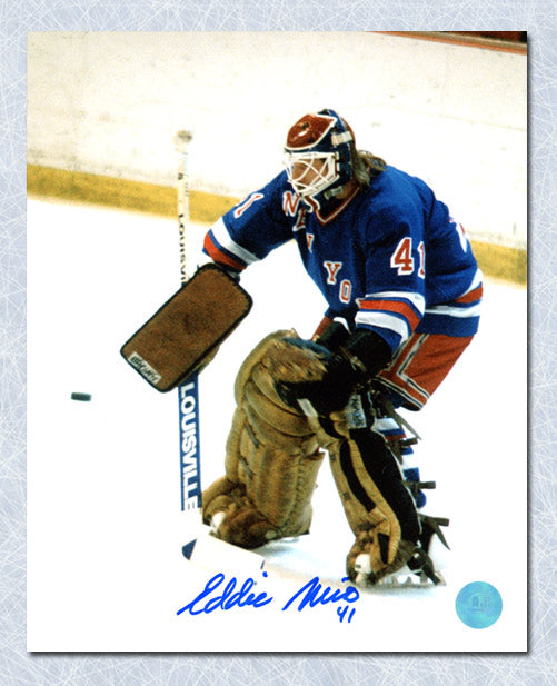 Eddie Mio New York Rangers Autographed Hockey Goalie 8x10 Photo | AJ Sports.