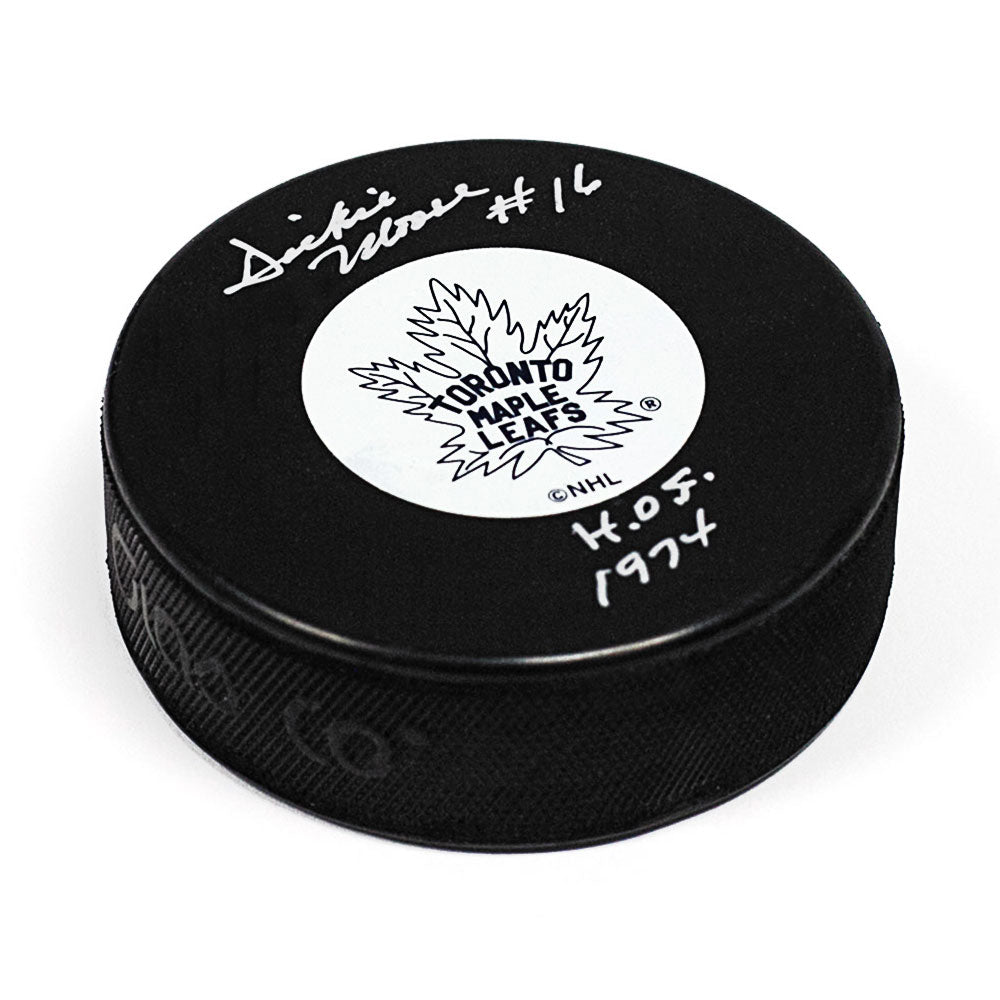 Dickie Moore Toronto Maple Leafs Signed Hockey Puck with HOF Note | AJ Sports.