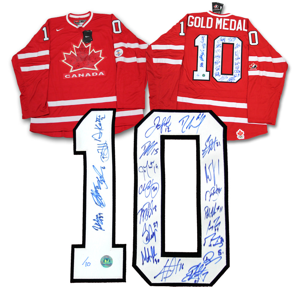 2010 Team Canada 22 Player Team Signed Olympic Gold Medal Jersey #/10 | AJ Sports.