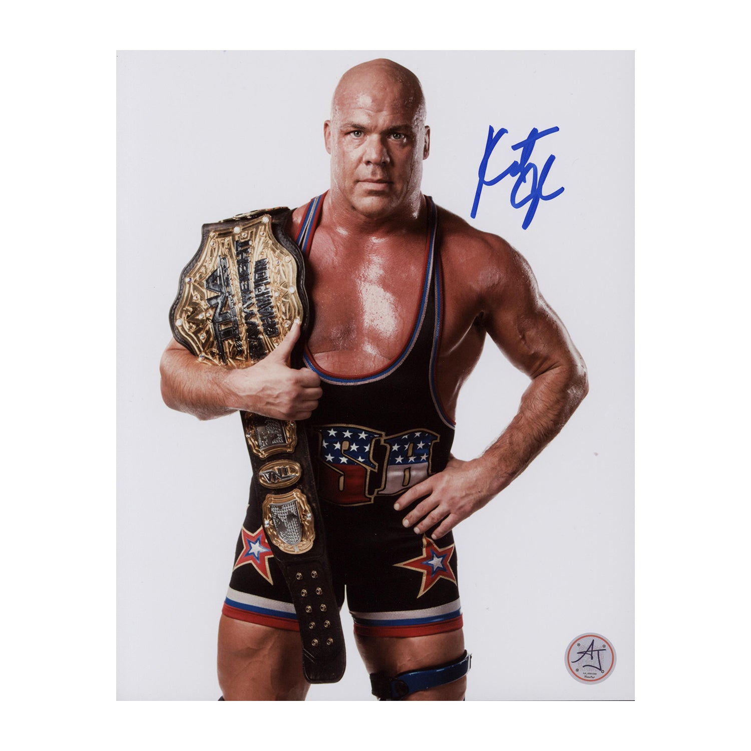 AJ Sports | Kurt Angle Autographed Wrestling Championship Belt 8x10 Photo