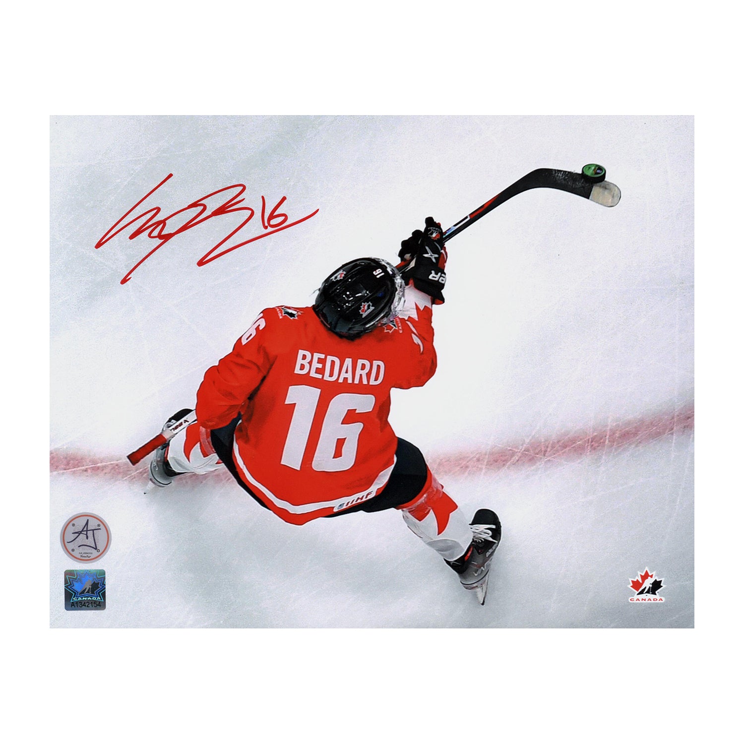AJ Sports | Connor Bedard Autographed Team Canada Aerial View 8x10 Photo