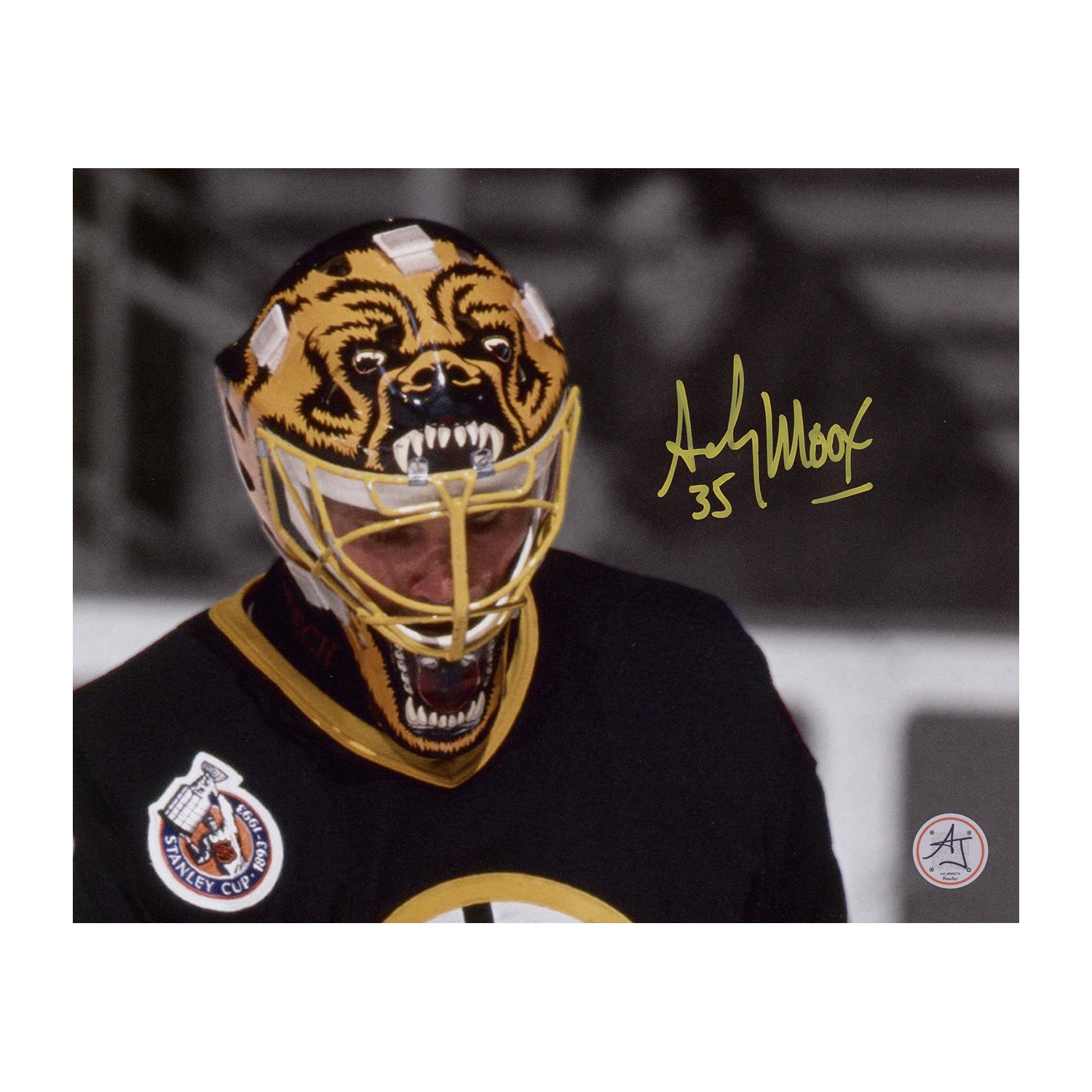 AJ Sports | Andy Moog Signed Boston Bruins Mask Close-Up 8x10 Photo