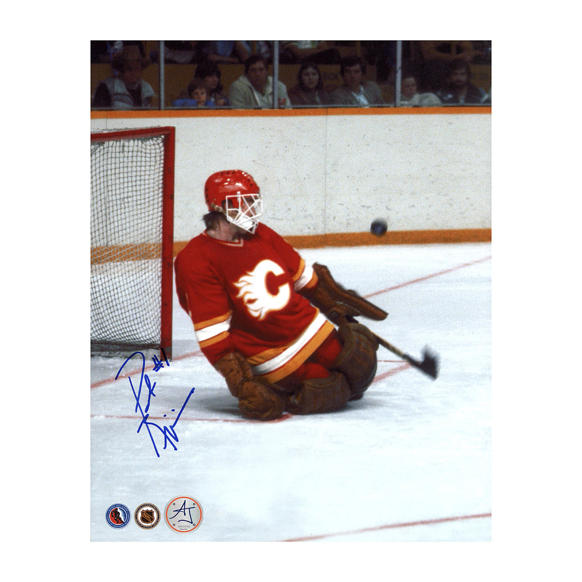 AJ Sports | Pat Riggin Autographed Calgary Flames Puck Stare 8x10 Photo