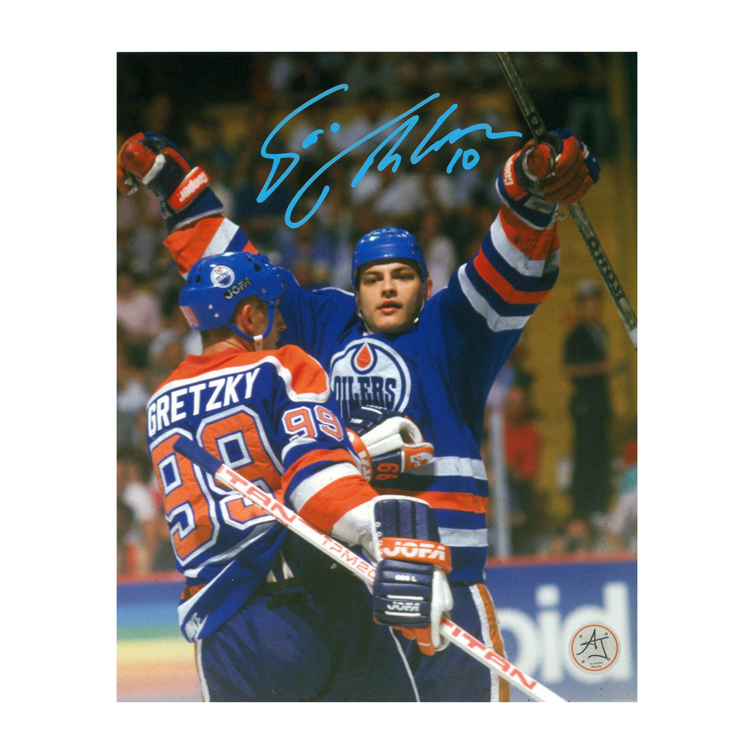 AJ Sports | Esa Tikkanen Signed Edmonton Oilers Celebration with Gretzky 8x10 Photo