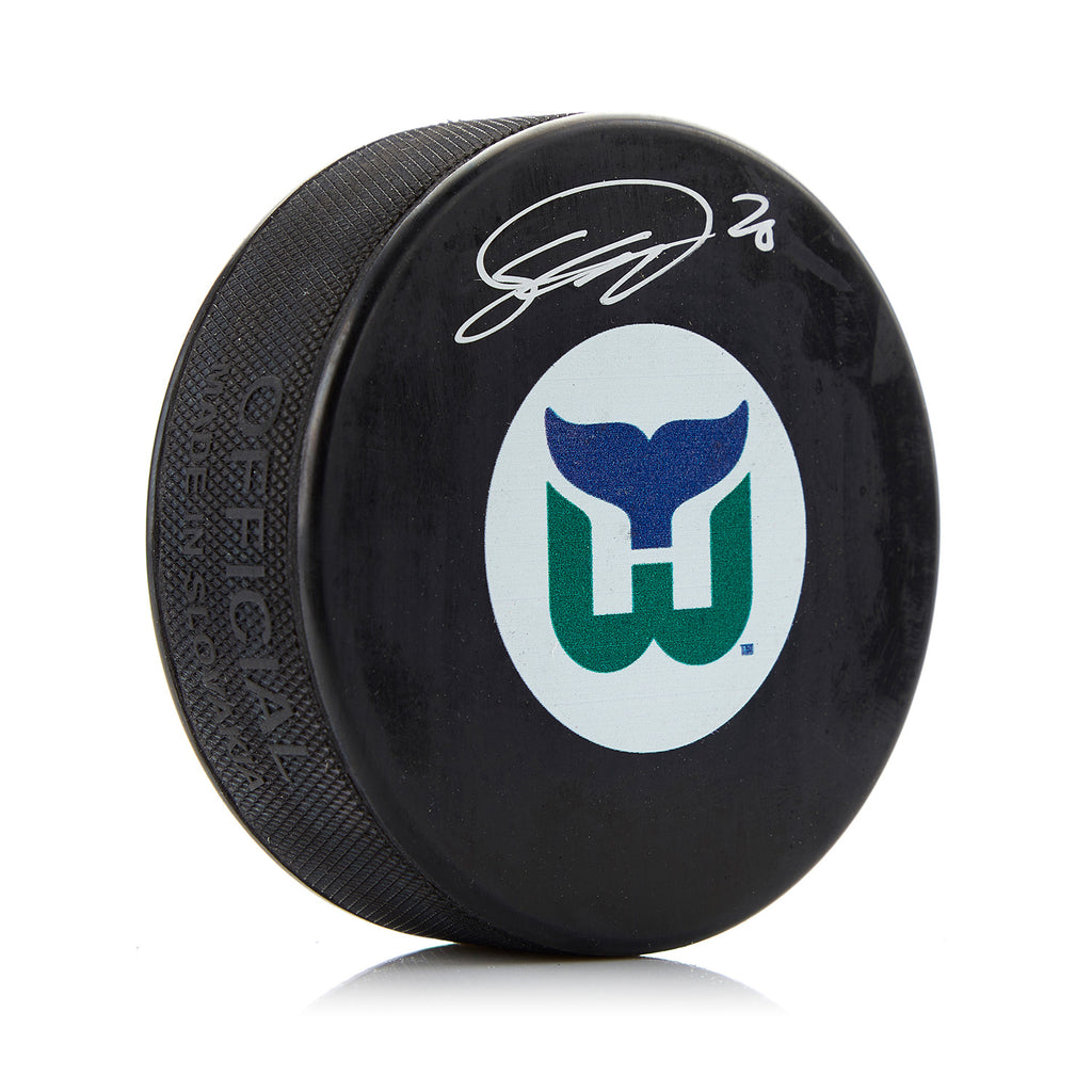 Sebastian Aho Hartford Whalers Signed Heritage Logo Hockey Puck | AJ Sports.