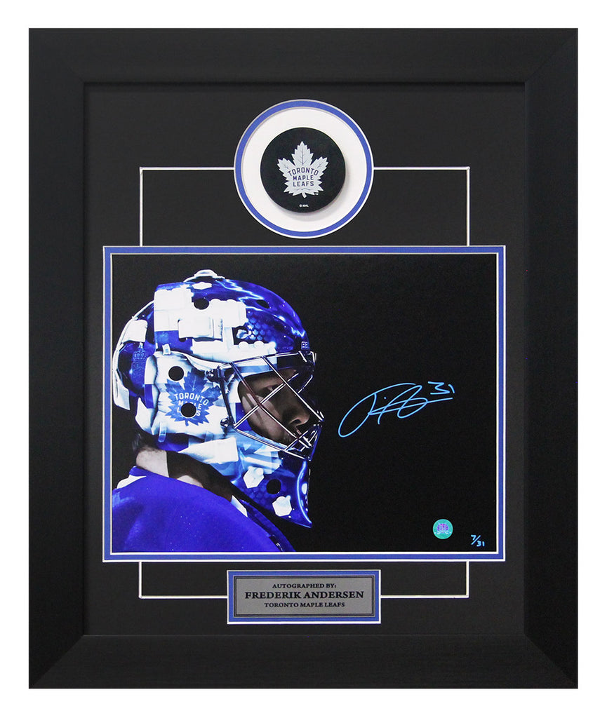 Frederik Andersen Toronto Maple Leafs Signed Mask Close-Up 20x24 Puck Frame #/31 | AJ Sports.