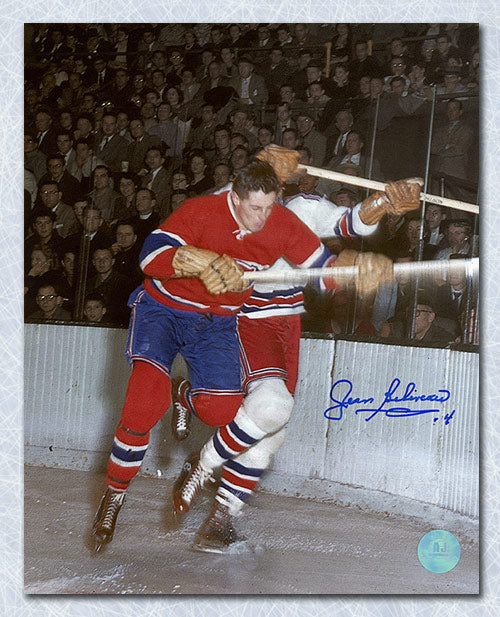 Jean Beliveau Montreal Canadiens Autographed Checking 8x10 Photo | AJ Sports.