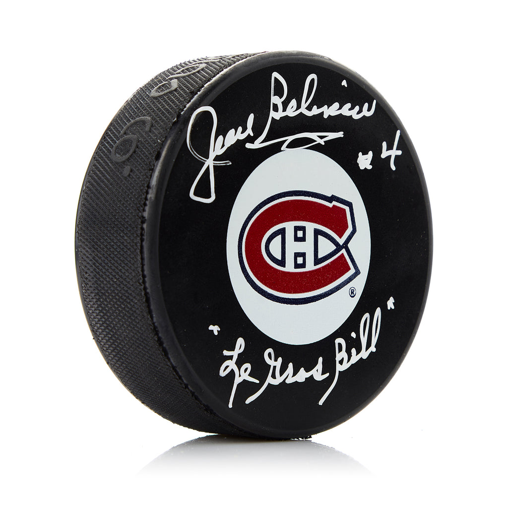 Jean Beliveau Montreal Canadiens Autographed Puck with Le Gros Bill Note | AJ Sports.