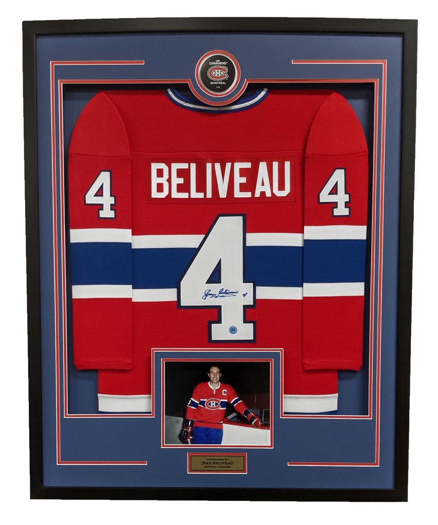 Jean Beliveau Autographed Montreal Canadiens 36x44 Framed Jersey Display | AJ Sports.