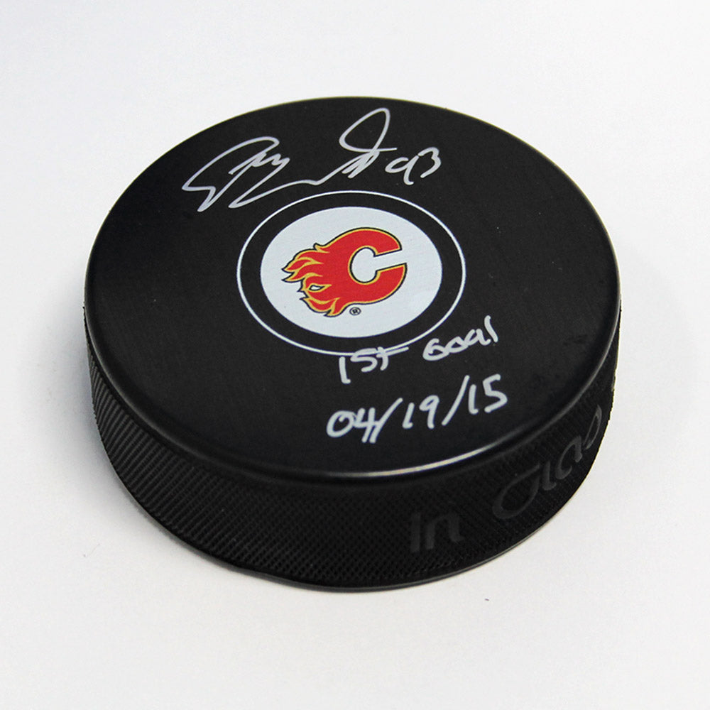 Sam Bennett Calgary Flames Autographed Hockey Puck with 1st Goal Inscription | AJ Sports.