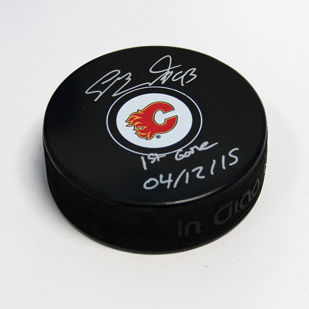 Sam Bennett Calgary Flames Autographed Hockey Puck with 1st Game Inscription | AJ Sports.