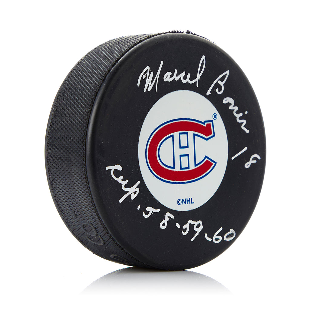 Marcel Bonin Montreal Canadiens Autographed Puck with Stanley Cup Note | AJ Sports.