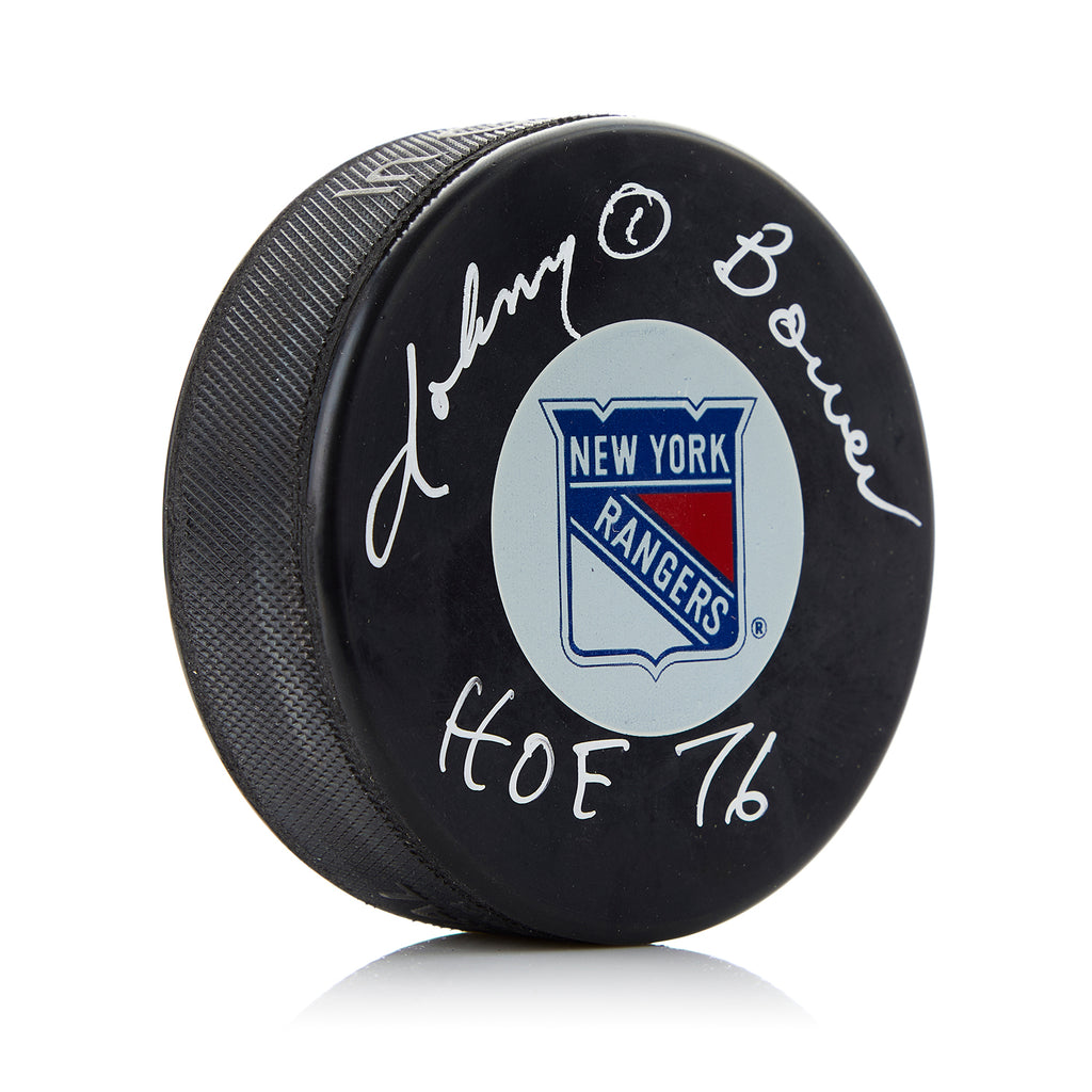 Johnny Bower New York Rangers Autographed Hockey Puck with HOF Note | AJ Sports.