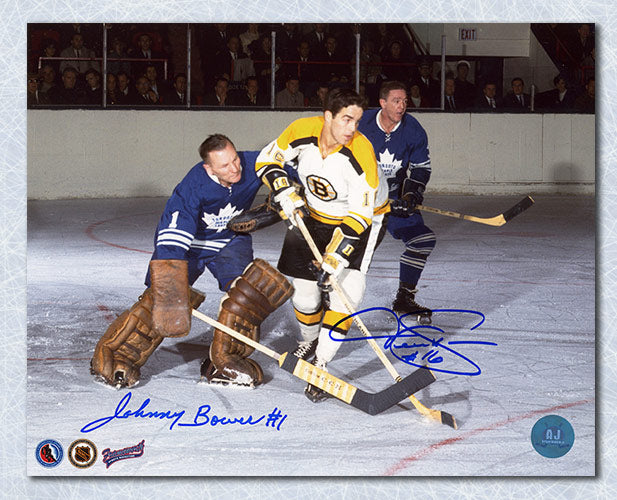 Johnny Bower vs Derek Sanderson Dual Signed Maple Leafs vs Bruins 8x10 Photo | AJ Sports.