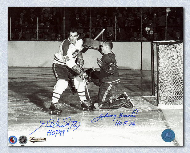 Johnny Bower vs Henri Richard Dual Signed Leafs Canadiens Rivalry 8x10 Photo | AJ Sports.