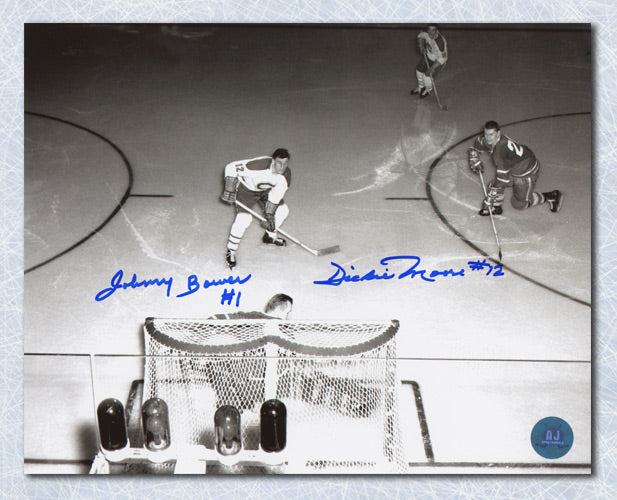 Johnny Bower vs Dickie Moore Dual Signed Leafs Canadiens Overhead 8x10 Photo | AJ Sports.