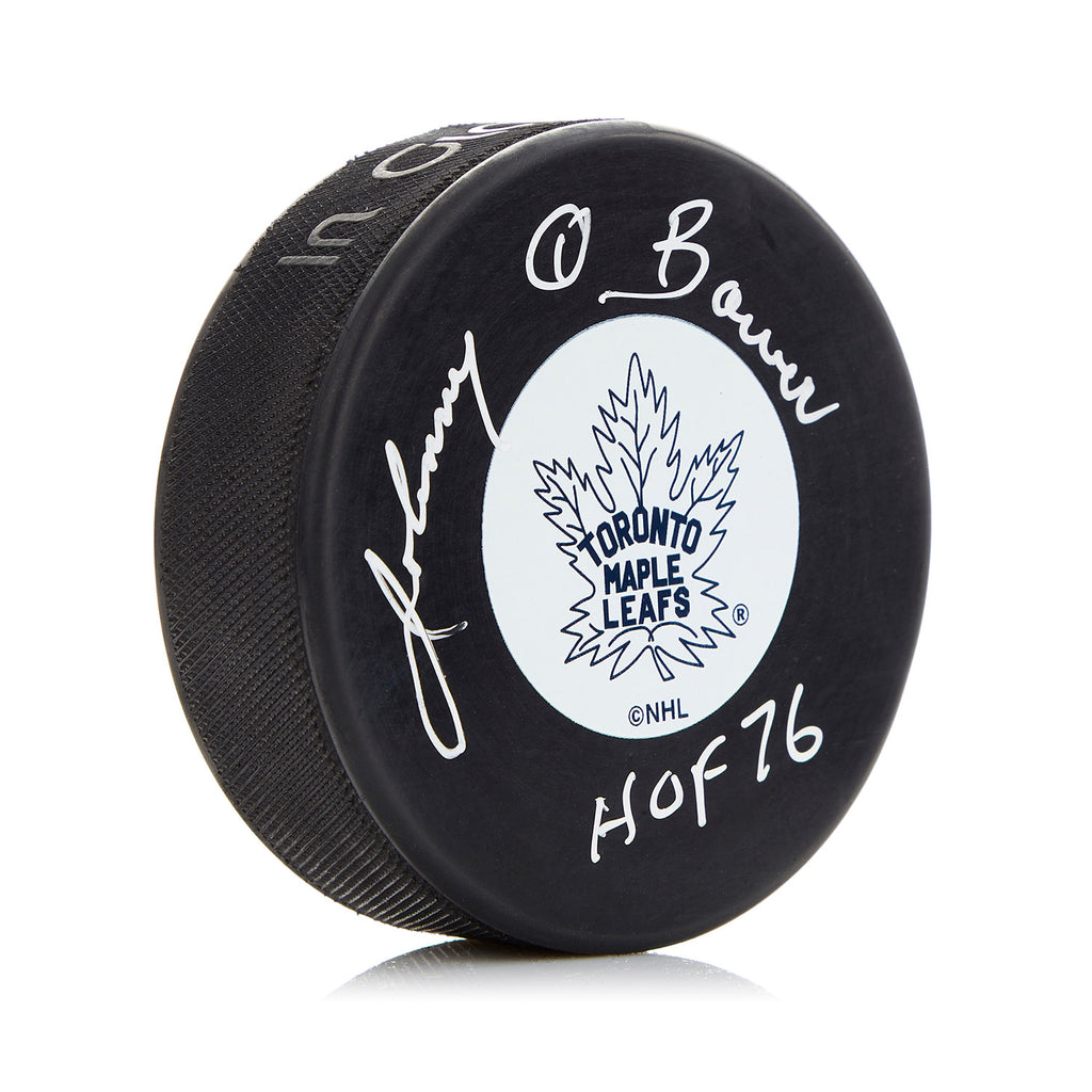 Johnny Bower Toronto Maple Leafs Signed HOF Note Puck | AJ Sports.