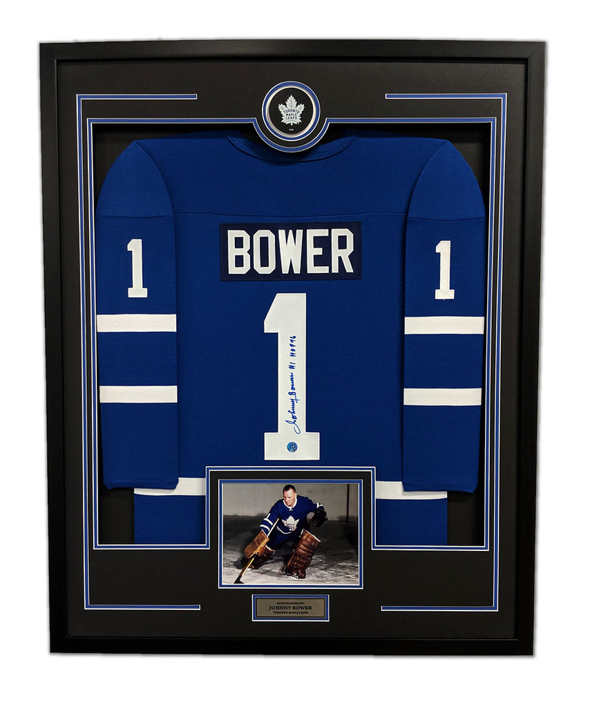 Johnny Bower Autographed Toronto Maple Leafs 36x44 Framed Jersey Display | AJ Sports.