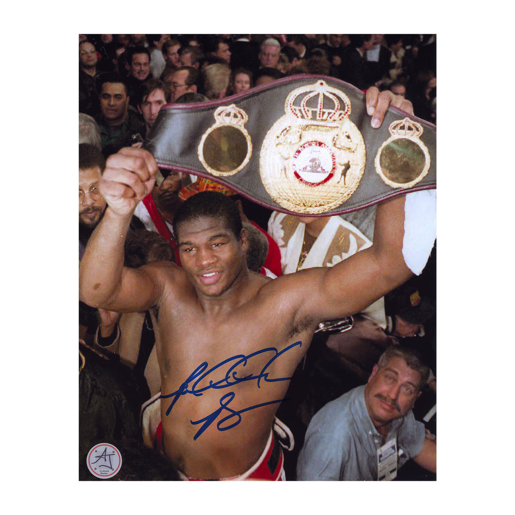 Riddick Bowe Autographed Boxing Heaveyweight Champion with Belt 8x10 Photo | AJ Sports.