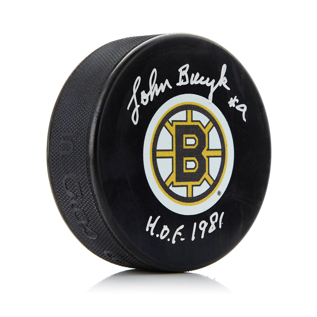 Johnny Bucyk Boston Bruins Autographed Hockey Puck with HOF Note | AJ Sports.
