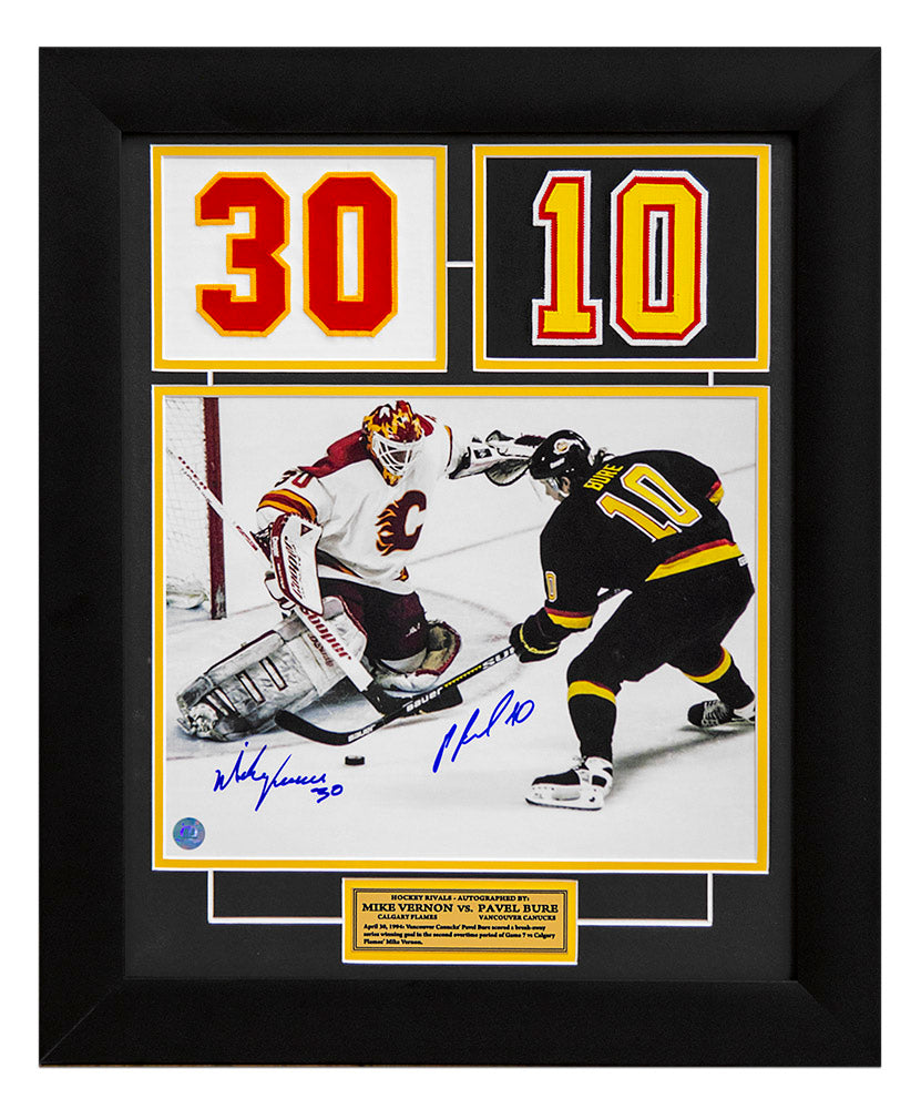 Pavel Bure & Mike Vernon Dual Signed Playoff OT Goal 20x24 Number Frame | AJ Sports.