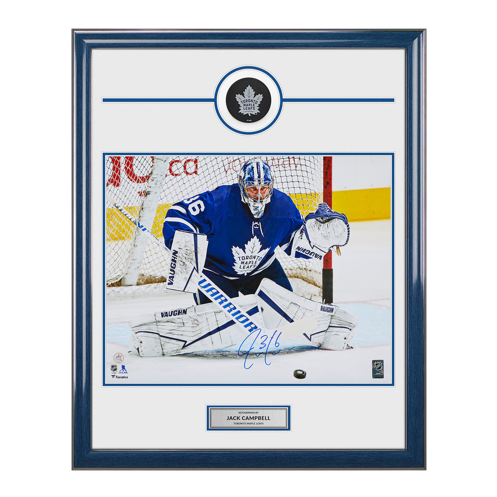Jack Campbell Toronto Maple Leafs Autographed Action 26x32 Puck Frame | AJ Sports.