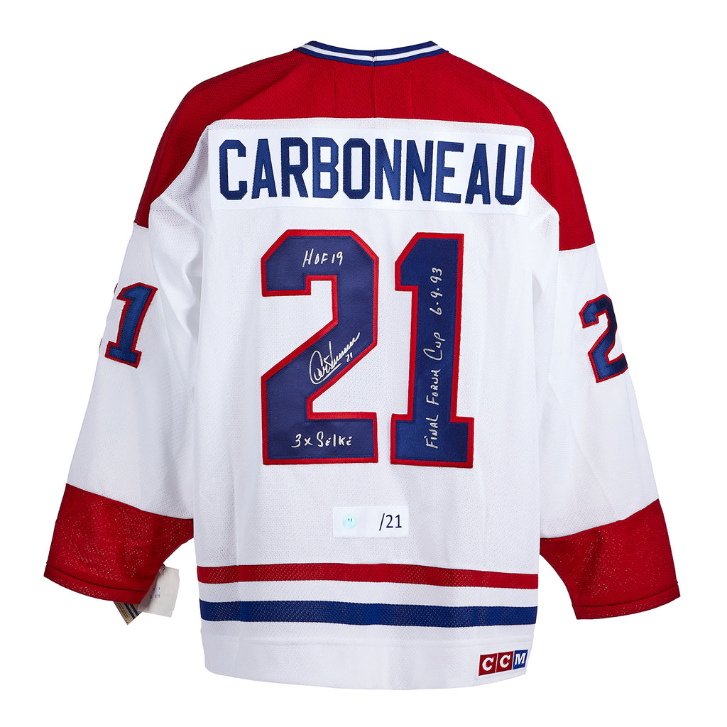 Guy Carbonneau Montreal Canadiens Signed 1993 Stanley Cup Stats CCM Jersey #/21 | AJ Sports.