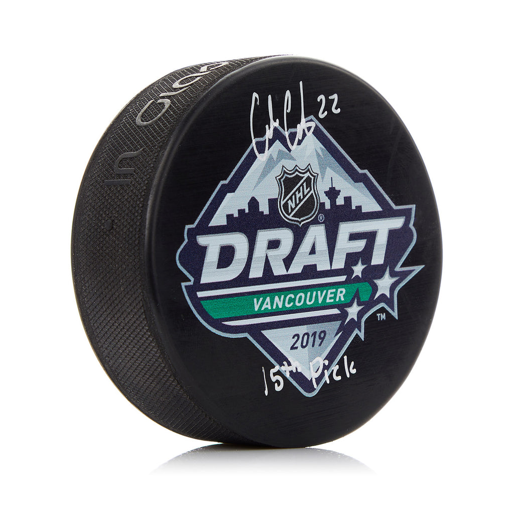 Cole Caufield Signed 2019 NHL Entry Draft Puck with 15th Pick Note | AJ Sports.