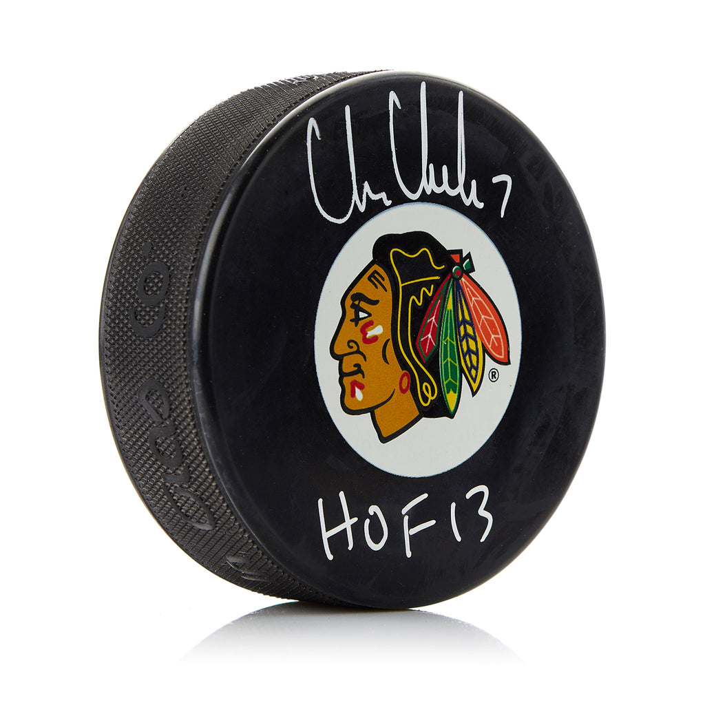 Chris Chelios Chicago Blackhawks Autographed Hockey Puck with HOF Note | AJ Sports.