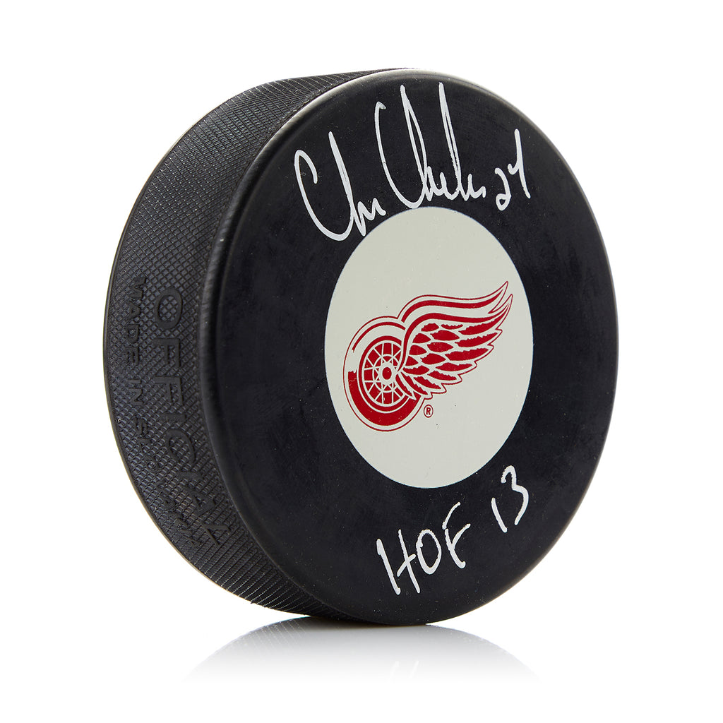 Chris Chelios Detroit Red Wings Autographed Hockey Puck with HOF Note | AJ Sports.