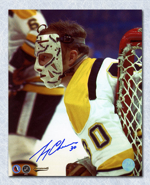 Gerry Cheevers Boston Bruins Signed Close-Up  in Early Mask 8x10 Photo | AJ Sports.