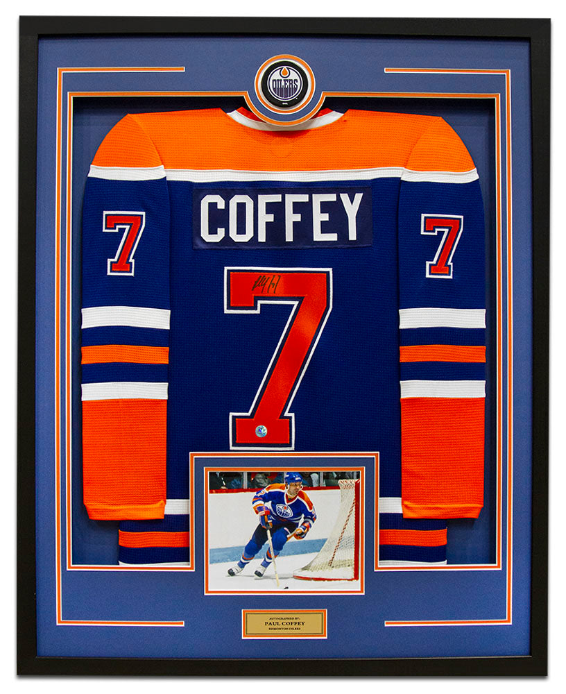 Paul Coffey Autographed Edmonton Oilers 36x44 Framed Jersey Display | AJ Sports.
