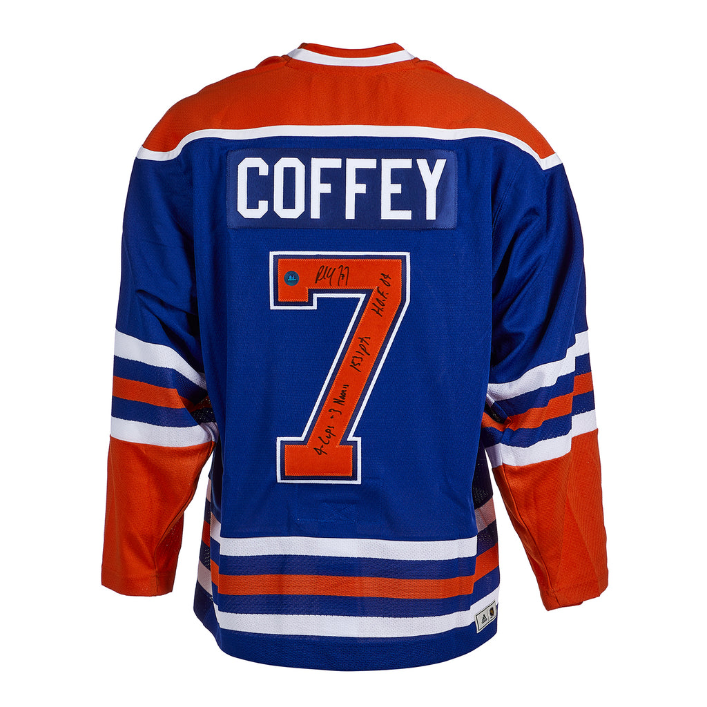 Paul Coffey Edmonton Oilers Signed Career Stats Classic Vintage Jersey | AJ Sports.