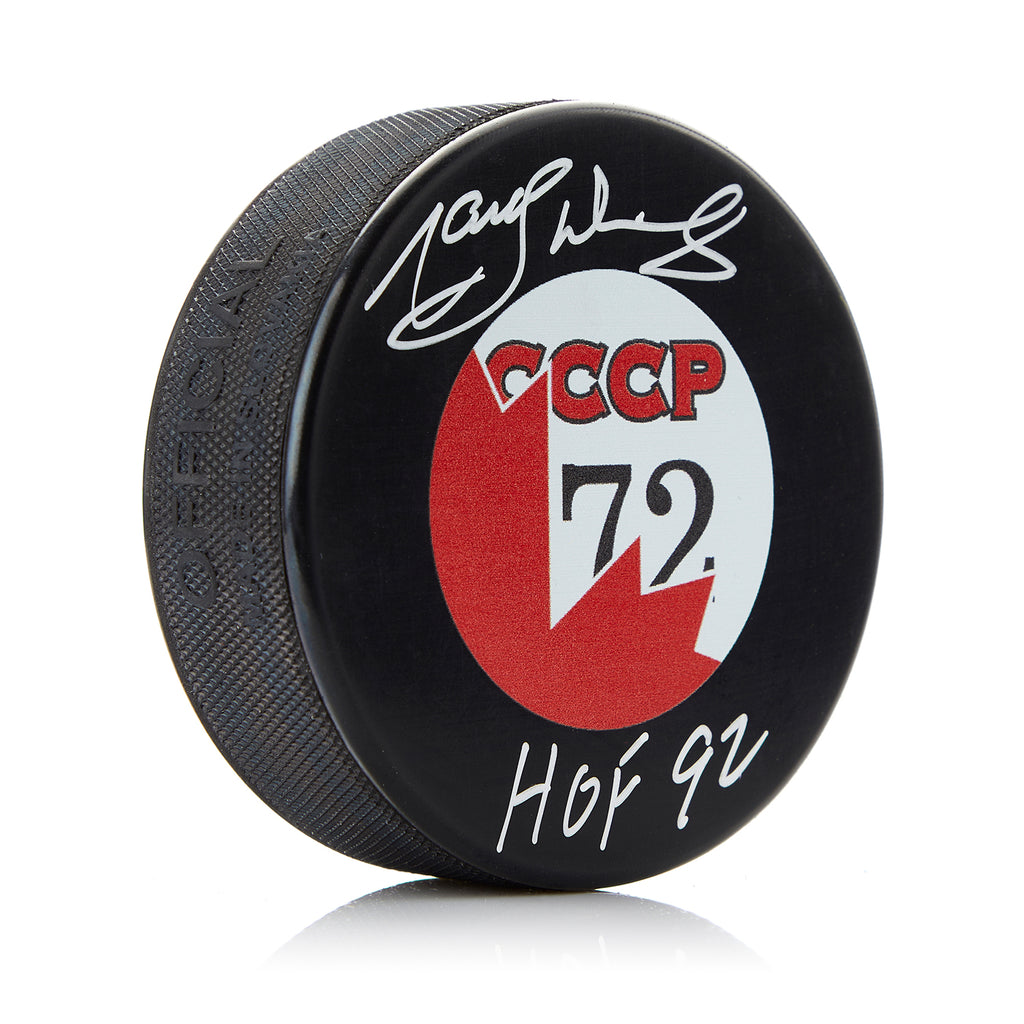 Marcel Dionne Signed 1972 Summit Series Canada CCCP Hockey Puck with HOF Note | AJ Sports.