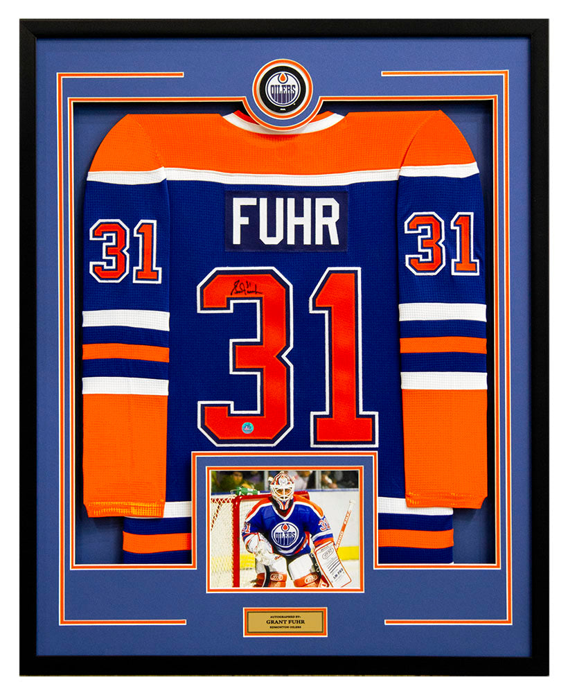 Grant Fuhr Autographed Edmonton Oilers 36x44 Framed Jersey Display | AJ Sports.
