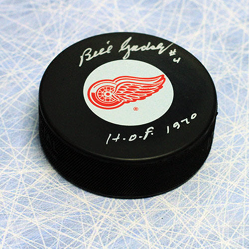 Bill Gadsby Detroit Red Wings Autographed Hockey Puck with HOF Note | AJ Sports.