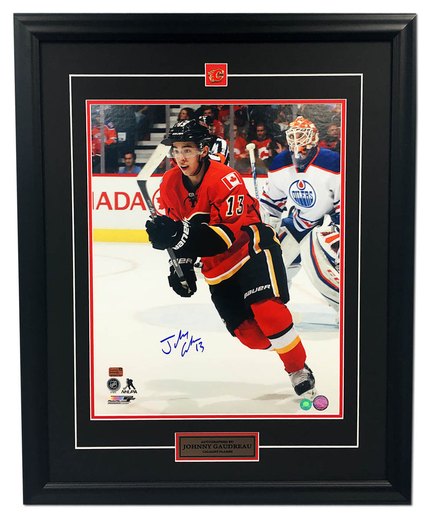 Johnny Gaudreau Calgary Flames Autographed Battle of Alberta 26x32 Frame | AJ Sports.