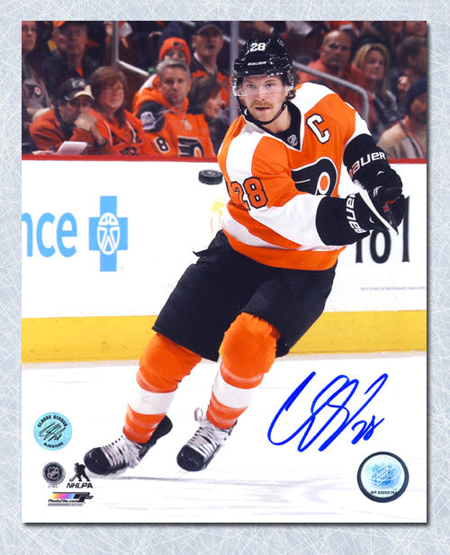 Claude Giroux Philadelphia Flyers Autographed Puck In Air 8x10 Photo | AJ Sports.