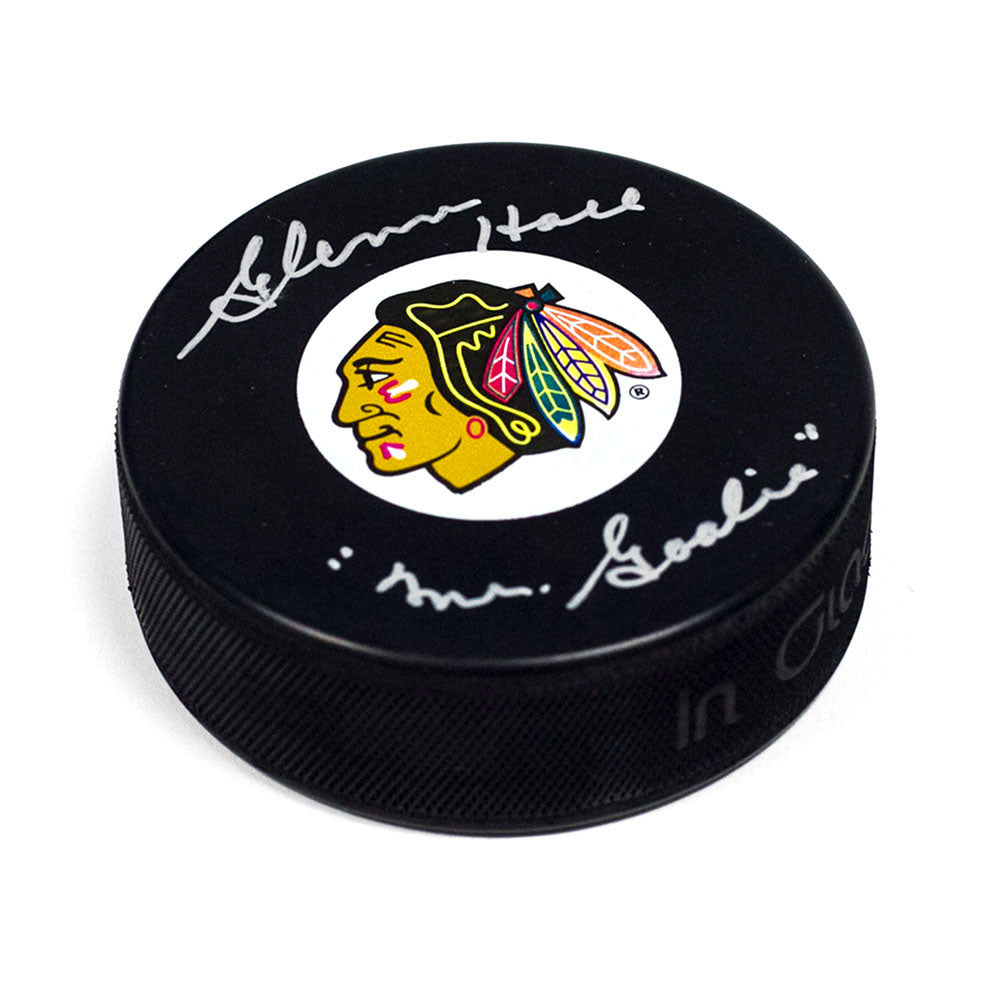 Glenn Hall Chicago Blackhawks Autographed Hockey Puck w Mr Goalie Note | AJ Sports.