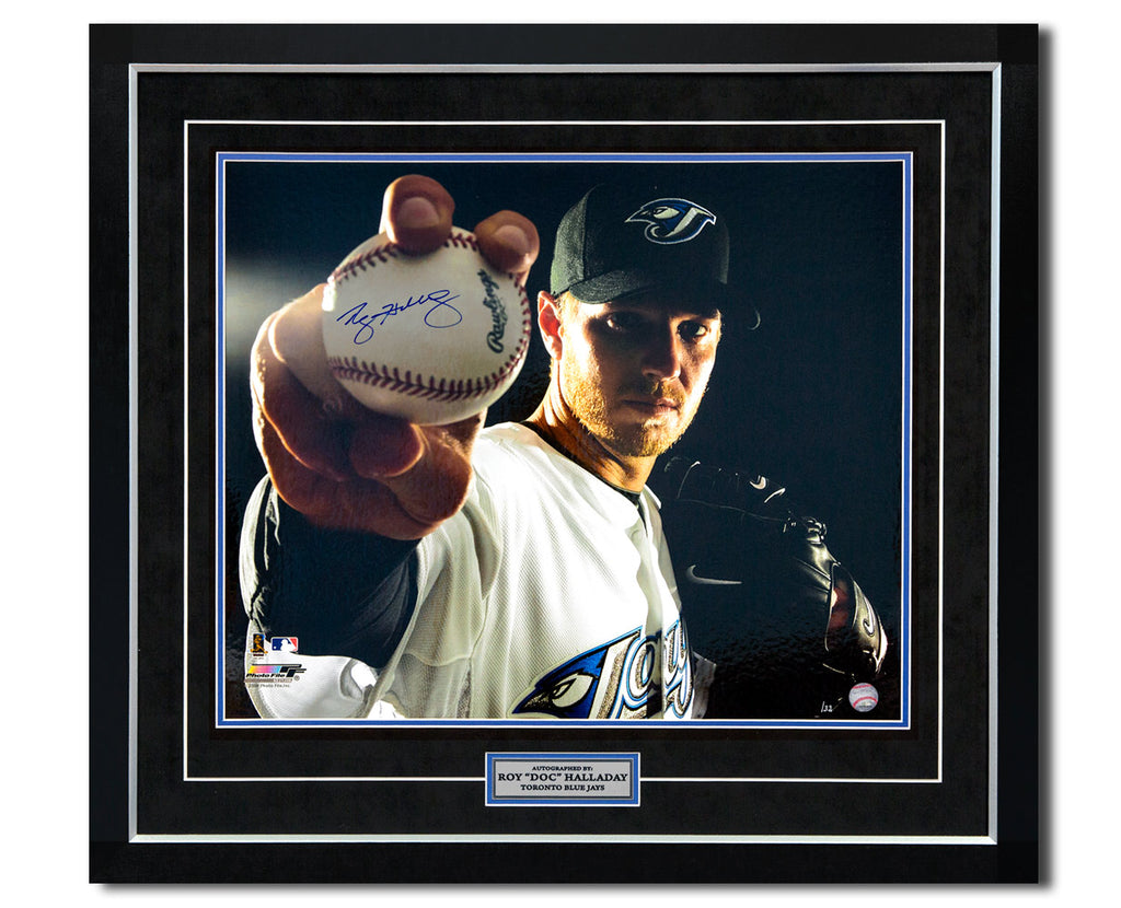 Roy Halladay Toronto Blue Jays Signed Baseball Spotlight 30x34 Frame #/32 | AJ Sports.