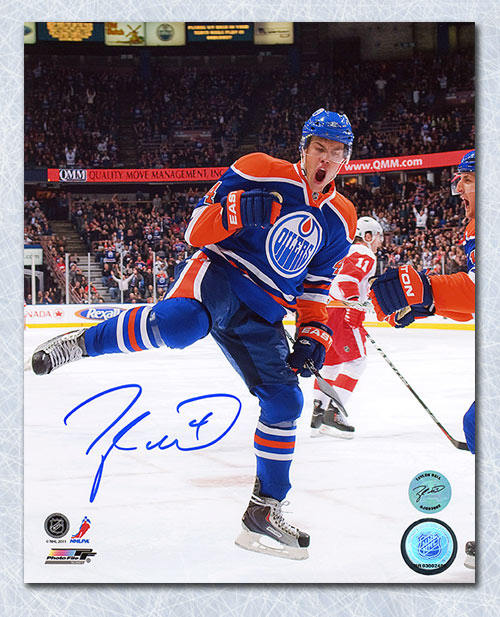 Taylor Hall Edmonton Oilers Autographed Rookie Goal Celebratrion 8x10 Photo | AJ Sports.