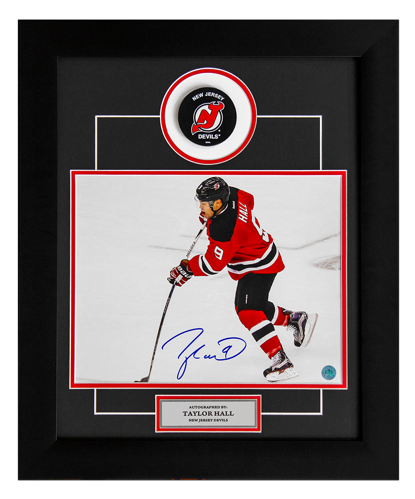 Taylor Hall New Jersey Devils Autographed Hockey Sniper 20x24 Puck Frame | AJ Sports.